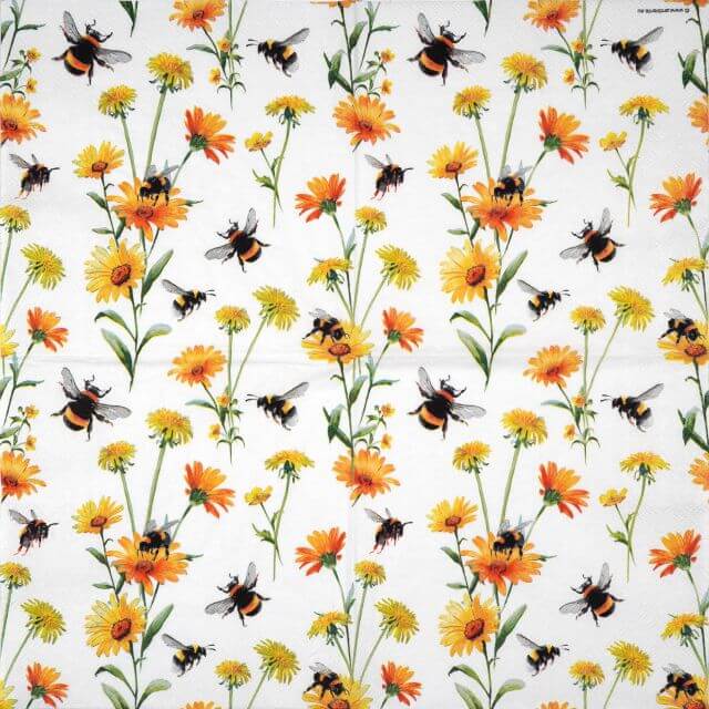 Unfolded Ambiente 'Busy Bees' napkin showing the full seamless repeating field pattern of bees, dandelions, and orange flowers.