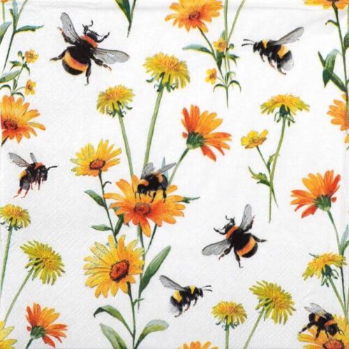 Folded Ambiente 'Busy Bees' napkin with an all-over pattern of bumblebees and bright yellow and orange wildflowers.