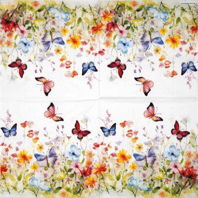 Full layout of a paper napkin with a white background and a border of wildflowers and butterflies on the top and bottom.