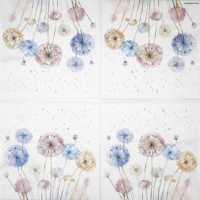 Dandelions paper napkin Ambiente full layout with a vibrant and elegant repeating pattern of dandelion seeds blowing in the wind, perfect for stunning summer table decor and professional spring workshops.