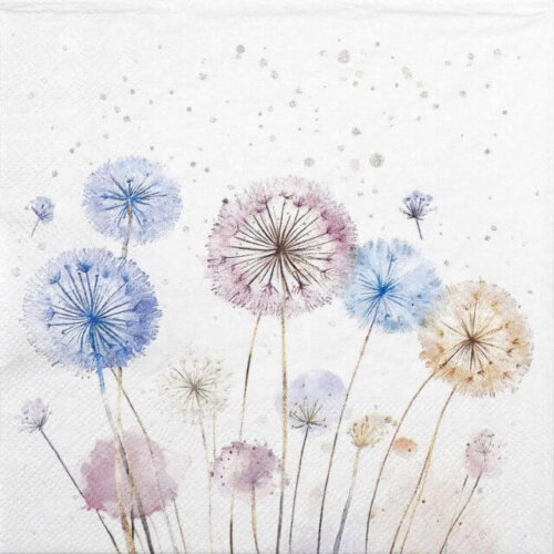 Dandelions paper napkin Ambiente for professional workshop craft and stunning spring table decor featuring vibrant watercolor dandelion clocks in blue, pink, and gold tones