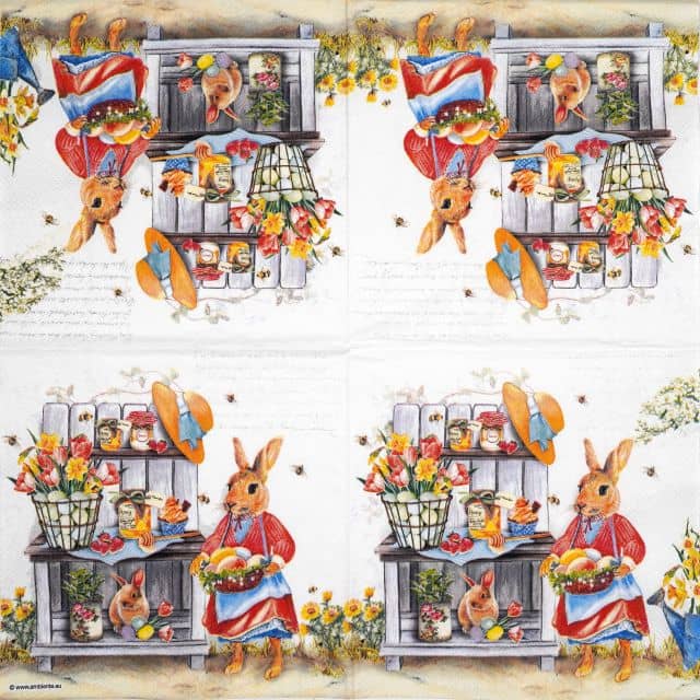 Easter Kitchen paper napkin Ambiente showing the full amazing small-scale Easter design with four identical nostalgic kitchen scenes, perfect for stunning table decor and professional workshops.