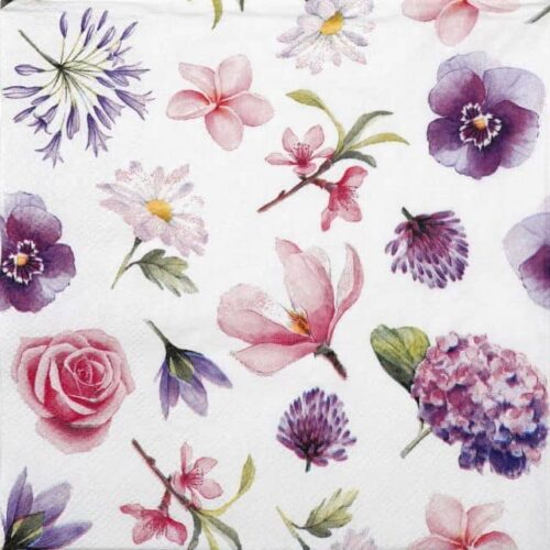 Flower Heads paper napkin Ambiente for professional workshop craft and stunning spring table decor featuring vibrant watercolor floral heads including roses, pansies, and hydrangeas.