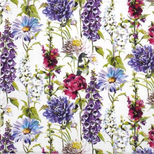 Flower Tendril paper napkin Ambiente for professional workshop craft and stunning summer table decor featuring vibrant vertical floral trails of purple foxglove, blue daisies, and red hollyhocks.
