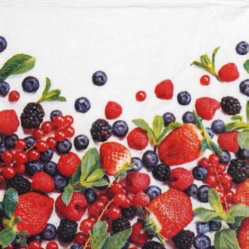 Close-up of Ambiente Forest fruit napkin featuring a rich mix of strawberries, blueberries, raspberries, blackberries, and red currants with mint leaves