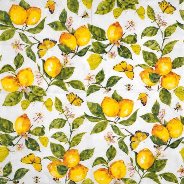 Full view of the Ambiente Fresh lemons white napkin showing a dense, all-over botanical pattern of lemon branches and insects across all four panels.