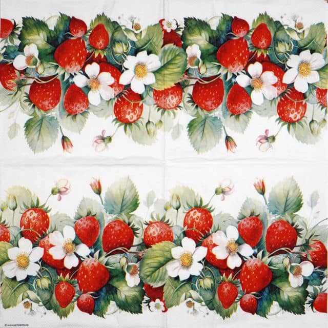 Full view of the Ambiente Juicy Strawberries napkin showing a symmetrical border layout of cascading strawberries and greenery.