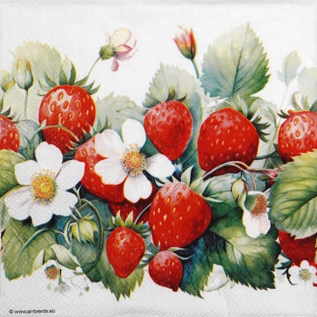 Close-up of Ambiente Juicy Strawberries napkin featuring ripe red strawberries and delicate white blossoms on a crisp white background