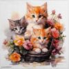 Close-up of Ambiente Kittens in basket napkin featuring three adorable ginger and grey fluffy kittens sitting among pink and orange flowers
