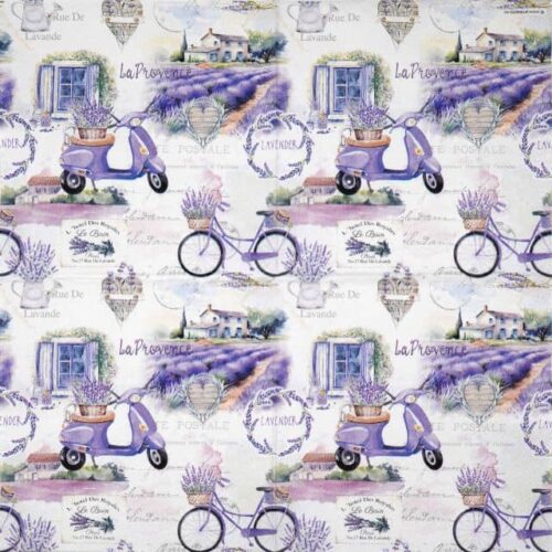 Full sheet of Lunch Paper Napkins Pack La Provence featuring bicycles, scooters, and Provence landscapes.