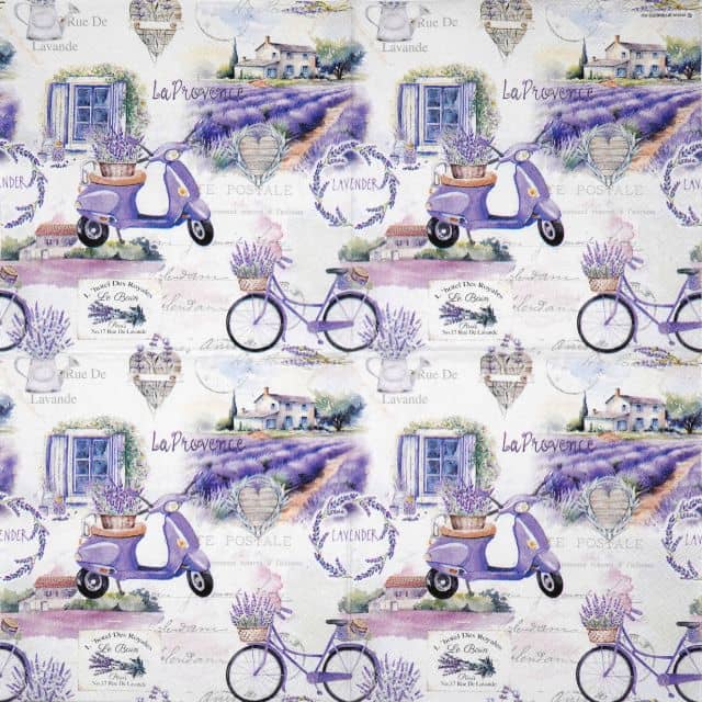 Full sheet of Lunch Paper Napkins Pack La Provence featuring bicycles, scooters, and Provence landscapes.