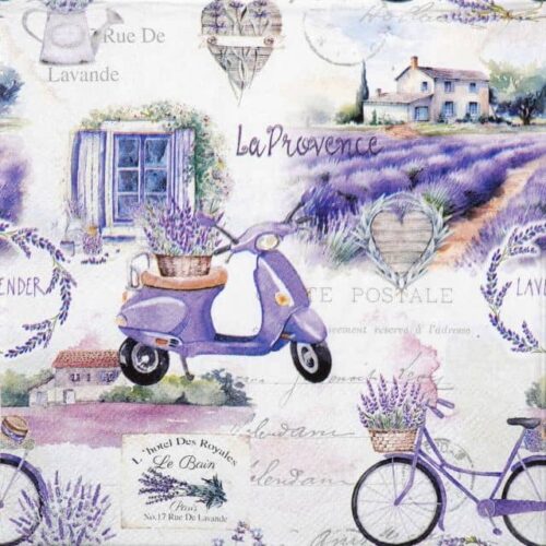 Close-up of Lunch Paper Napkins Pack La Provence with a vintage scooter and lavender fields for decoupage and craft.