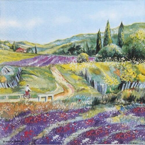 Lunch Decoupage Napkin Lavender Landscape: Detailed view of a purple lavender field with a cyclist on a path, rolling hills, and a rustic house.