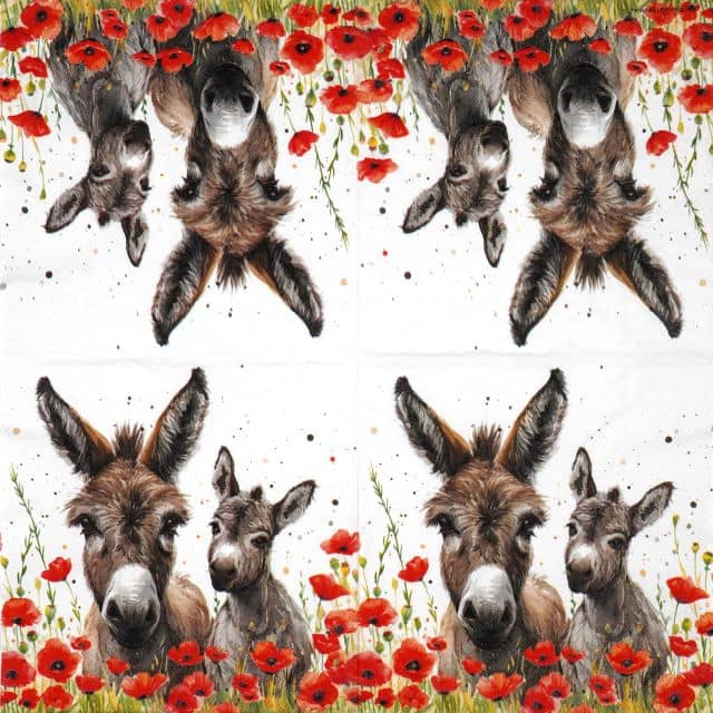 Unfolded Ambiente 'Lilly and Lou' napkin showing the four repeating, symmetrical images of the two donkeys and flowers.