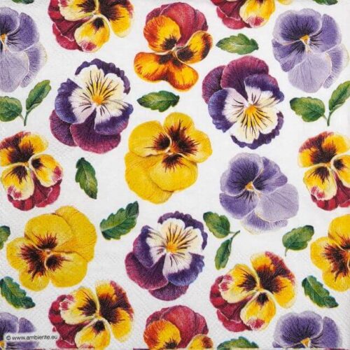 Close-up of Ambiente Lot of Pansies napkin featuring a vibrant mix of purple, yellow, and violet pansies on a crisp white background