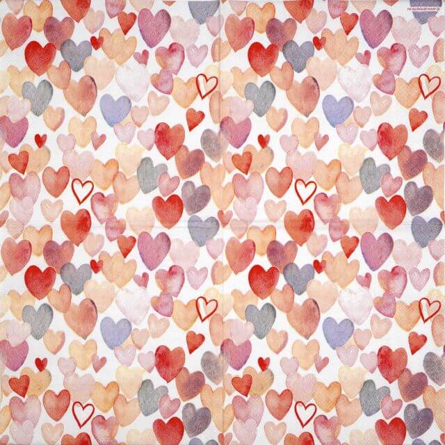 Unfolded Ambiente 'Love all Over' napkin showing the full, all-over seamless repeating pattern of hearts and small flowers.