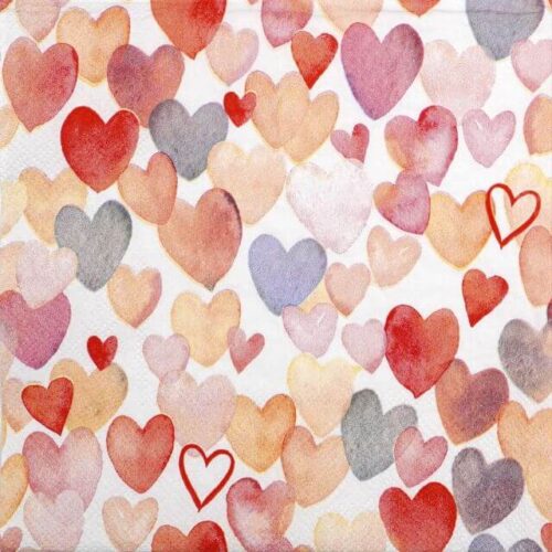 Folded Ambiente 'Love all Over' napkin showing a dense, repeating pattern of small watercolor red hearts and pink/blue blossoms.