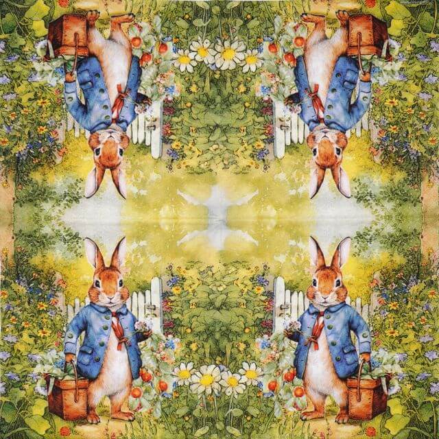 Mister Rabbit paper napkin Ambiente showing the full amazing small-scale Easter design with four identical rabbit in a blue coat motifs, perfect for stunning table decor and professional workshops