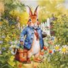 Mister Rabbit paper napkin Ambiente for professional workshop craft and stunning table decor featuring a classic illustration of a rabbit in a blue jacket carrying a basket in a vibrant flower garden