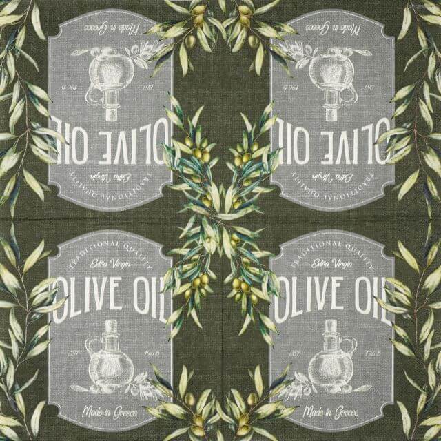 Full view of the Ambiente Olive Oil napkin showing a symmetrical, four-panel Mediterranean design on a deep olive-green textured background