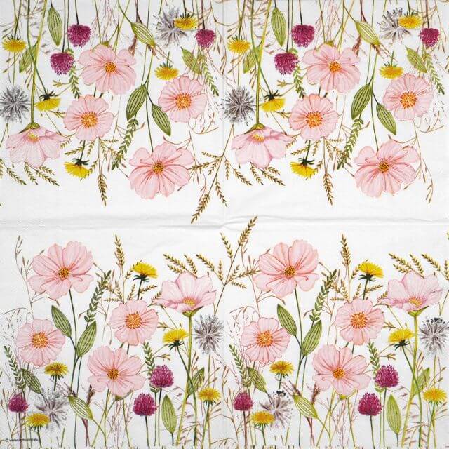 Full view of the Ambiente Pastel Flowers white napkin showing a symmetrical, mirrored wild flower meadow across all four panels