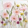 Close-up of Ambiente Pastel Flowers white napkin featuring beautiful pink cosmos flowers, yellow dandelions, and purple clover in a wild meadow style