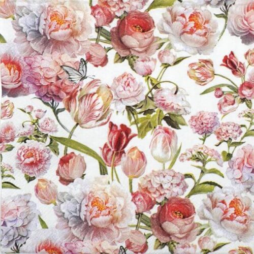 Roses and Tulips paper napkin Ambiente for professional workshop craft and stunning spring table decor featuring vibrant pink roses, variegated tulips, and a delicate butterfly
