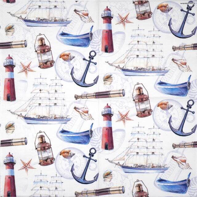 Full view of the Ambiente Sailboat napkin showing a dense, all-over pattern of sailboats, anchors, and lighthouses repeated across all four panels.