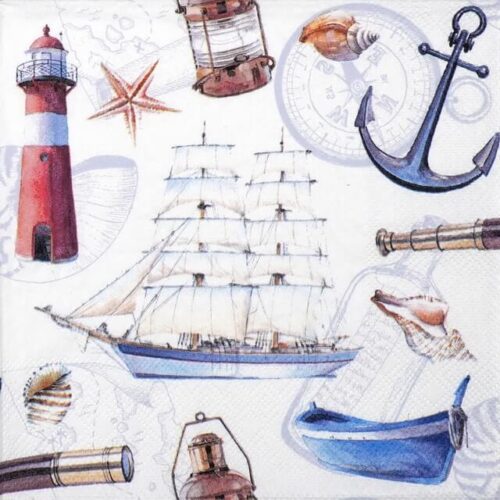Close-up of Ambiente Sailboat napkin featuring a classic white sailing ship, a red lighthouse, a blue anchor, and vintage nautical instruments like a compass and telescope.