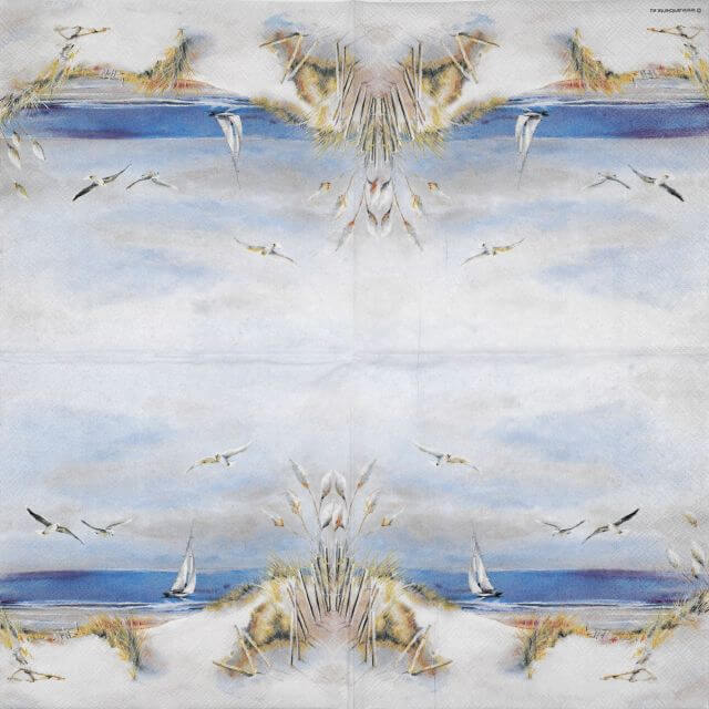 Full view of the Ambiente Sailing at sea napkin showing a mirrored coastal landscape with sailboats and gulls across all four panels