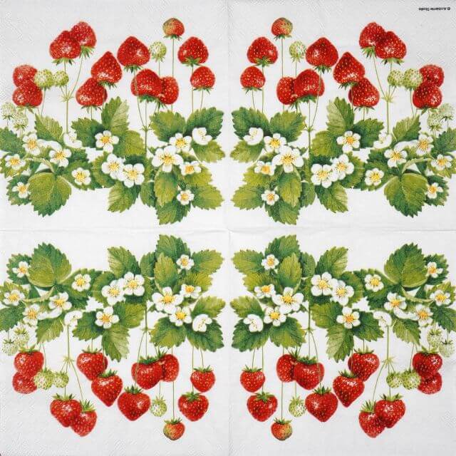 Full view of the Ambiente Summer Fruits napkin showing a symmetrical four-panel layout of cascading strawberries and blossoms