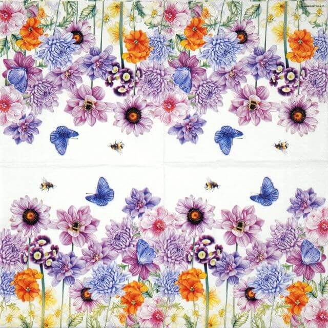 Full layout of a paper napkin with a white background and a dense border of colorful summer flowers, butterflies, and bees on the top and bottom