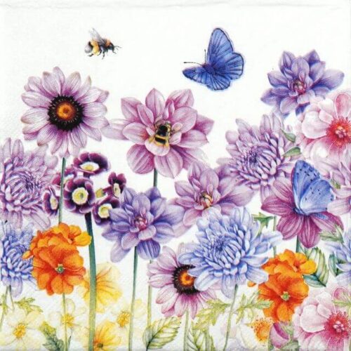 Close-up of a paper napkin featuring purple, blue, and orange flowers with a blue butterfly and a bumblebee