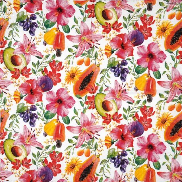 Unfolded Ambiente 'Tropical Delights' napkin showing the four repeating, symmetrical images of the fruit and foliage motif.