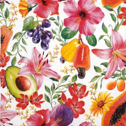 Folded Ambiente 'Tropical Delights' napkin featuring a symmetrical image of watercolor pineapples, palm leaves, and pink flowers.