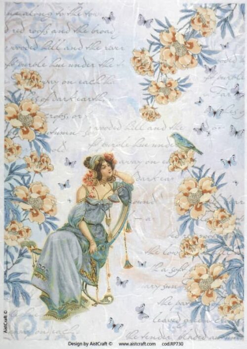 Art Nouveau style decoupage rice paper featuring a lady in a blue dress, peach peonies, and blue butterflies.