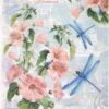 Vintage decoupage rice paper featuring two large blue dragonflies, pink mallow flowers with green leaves, and nautical coastal script on a light blue background.