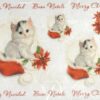 Christmas decoupage rice paper featuring fluffy white kittens in Santa hats, red poinsettia flowers, and Merry Christmas greetings in multiple languages.