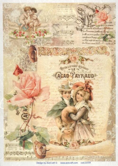 Vintage decoupage rice paper featuring a romantic couple in winter attire, cherubs, pink roses, and antique 'Cacao Payraud' advertisements on a scripted background.