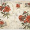Vintage decoupage rice paper featuring bright orange peonies, antique clock faces, and French confectionery ephemera on a distressed cream background.