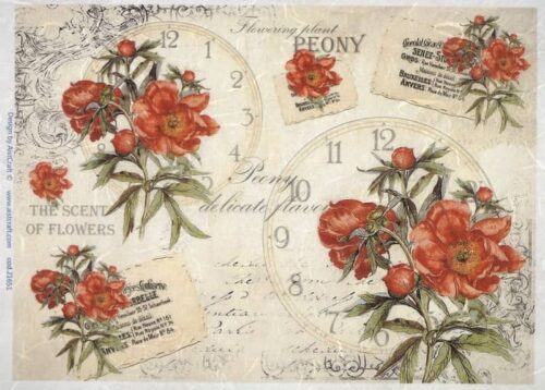 Vintage decoupage rice paper featuring bright orange peonies, antique clock faces, and French confectionery ephemera on a distressed cream background.