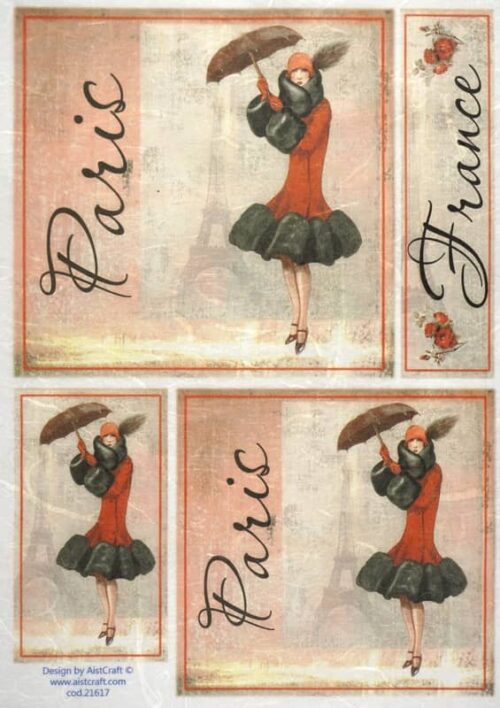 Vintage decoupage rice paper featuring a 1920s lady in a red winter coat and fur trim, holding an umbrella in front of the Eiffel Tower with 'Paris' and 'France' text.