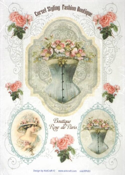 Vintage decoupage rice paper featuring an elegant blue corset filled with pink roses, a lady in a floral hat, and 'Boutique Rose de Paris' text.