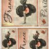 Vintage decoupage rice paper featuring an elegant lady in a voluminous black dress and hat, with 'Paris' and 'France' script and red rose accents.