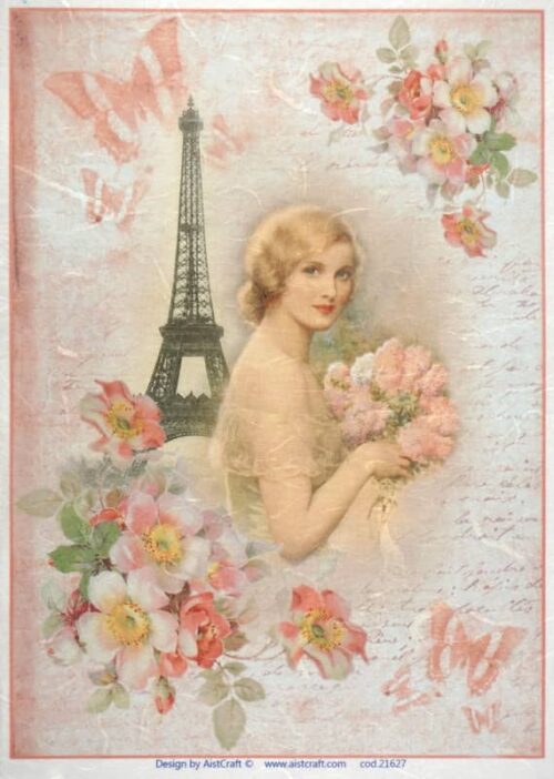 Vintage decoupage rice paper featuring a blonde lady with a pink bouquet, the Eiffel Tower, pink wild roses, and butterflies on a soft peach and blue background.