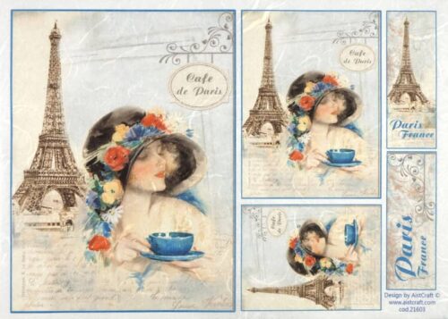 Vintage decoupage rice paper featuring a lady in a floral hat drinking from a blue cup, with the Eiffel Tower and 'Cafe de Paris' signs on a blue-toned background.