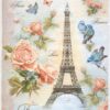 Vintage decoupage rice paper featuring the Eiffel Tower, large pink roses, several small blue birds, and butterflies with 'Paris', 'Franse', and 'Love' text.