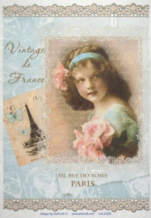 Vintage decoupage rice paper featuring a young girl with a pink rose, the Eiffel Tower on a postcard, and 'Vintage de France' text on a light blue background.