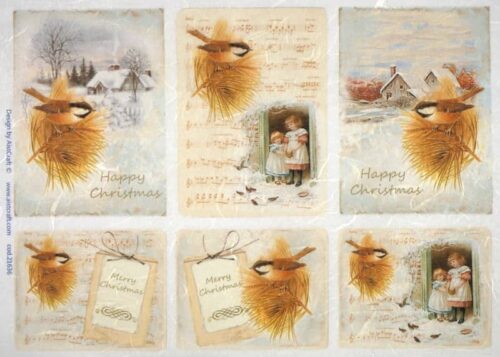 Christmas decoupage rice paper featuring robins on pine branches, two young girls in a snowy doorway, musical notes, and snowy cottage landscapes.
