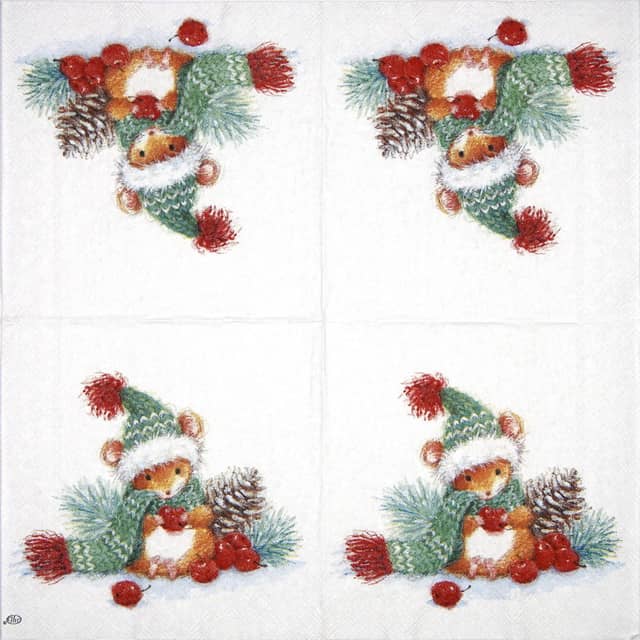 Full view of a cocktail paper napkin with a symmetrical four-panel design featuring a cute mouse in a green winter hat and scarf, surrounded by pine cones and red berries.